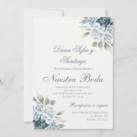 Dusty Blue Spanish Wedding Einladung (Vorderseite)