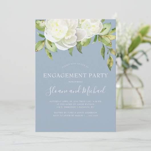 Dusty Blue Spring Floral Peony Engagement Party Einladung (Stehend Vorderseite)