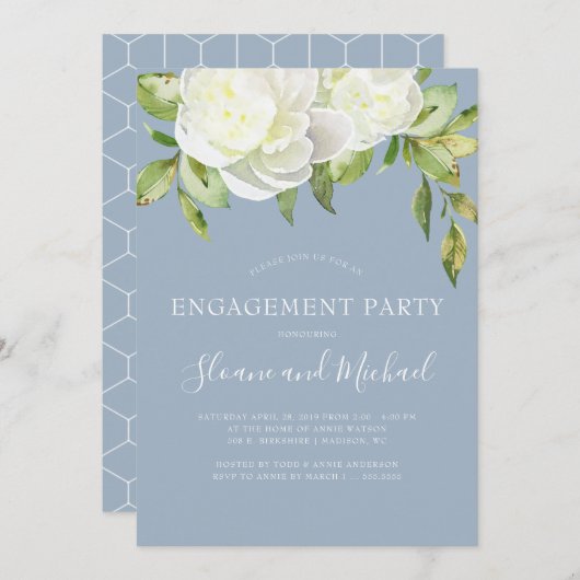 Dusty Blue Spring Floral Peony Engagement Party Einladung (Vorne/Hinten)