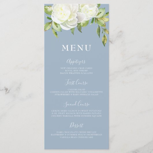 Dusty Blue Spring Floral Peony Wedding Menu Menükarte (Vorderseite)