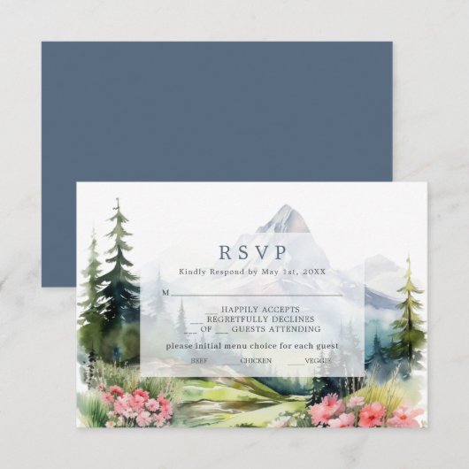 Dusty Blue Spring Mountains Wedding RSVP Card Karte (Vorne/Hinten)