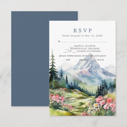 Dusty Blue Spring Mountains Wedding RSVP Card Karte (Vorne/Hinten)