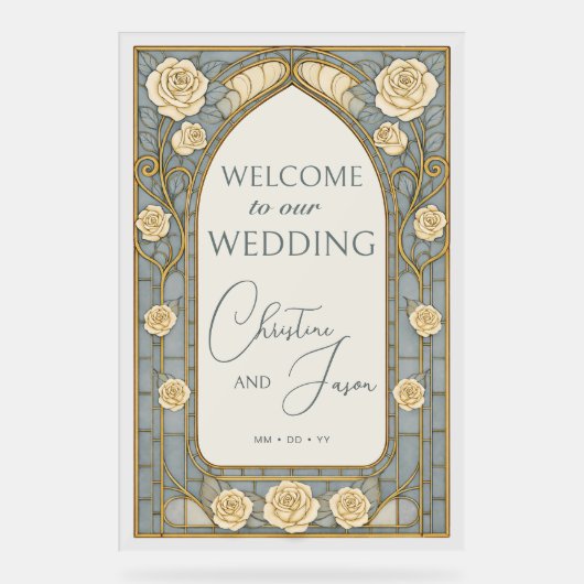 Dusty Blue Stained Glass Floral Wedding Welcome  Acrylschild (Vorderseite)