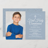 Dusty Blue Stardust Erster Kommunion Foto Einladung (Vorne/Hinten)