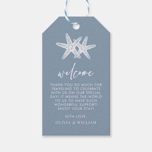 Dusty Blue Starfish Beach Elegante Hochzeit Willko Geschenkanhänger (Vorderseite)