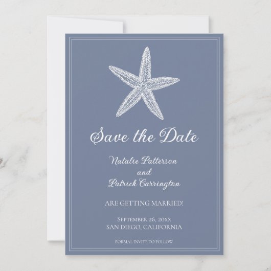Dusty Blue Starfish Save the Date einladen Einladung (Vorderseite)