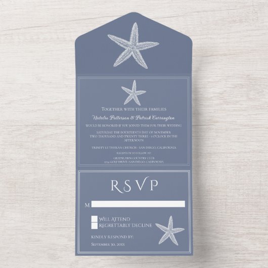 Dusty Blue Starfish Wedding All In One Einladung (Innen Boden)