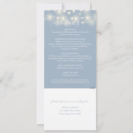 Dusty Blue String Leuchten in einer Hochzeit Einladung (Rückseite)