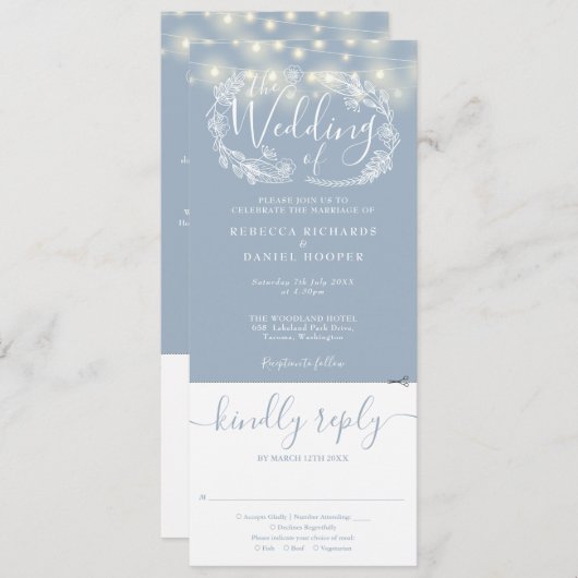 Dusty Blue String Leuchten in einer Hochzeit Einladung (Vorne/Hinten)