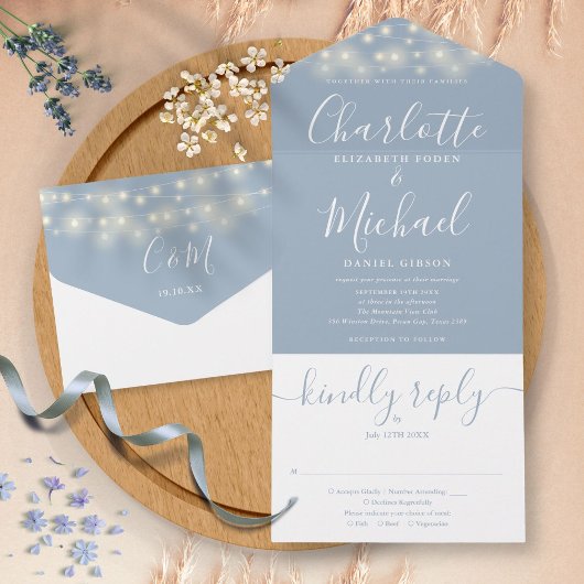 Dusty Blue String Lights Elegante Script Wedding All In One Einladung