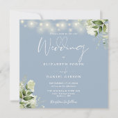 Dusty Blue String Lights Floral Foto Wedding Einladung (Vorderseite)