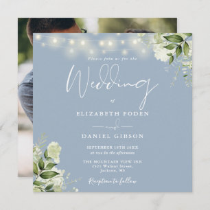 Dusty Blue String Lights Floral Foto Wedding Einladung