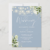 Dusty Blue String Lights Floral QR Code Wedding Einladung (Vorderseite)