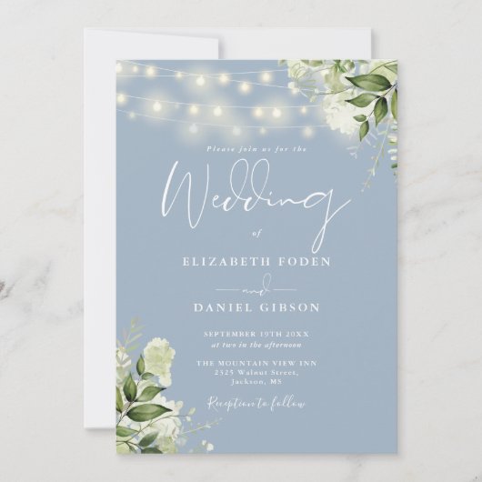 Dusty Blue String Lights Floral QR Code Wedding Einladung (Vorderseite)