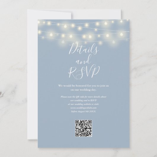 Dusty Blue String Lights Floral QR Code Wedding Einladung (Rückseite)