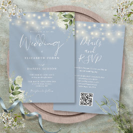 Dusty Blue String Lights Floral QR Code Wedding Einladung