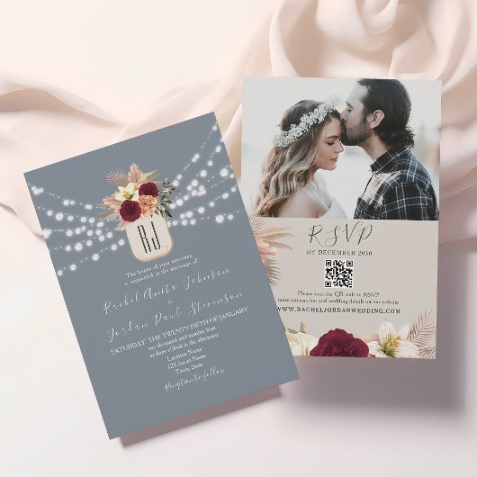 Dusty Blue String Lights Floral Wedding QR Code Einladung