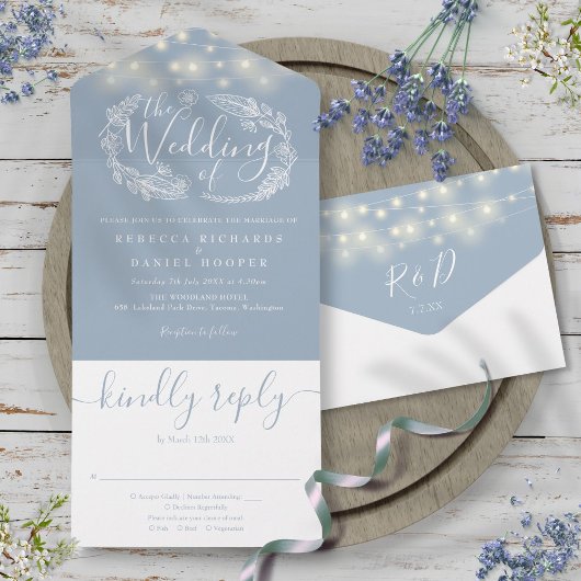 Dusty Blue String Lights Foliage Floral Wedding All In One Einladung