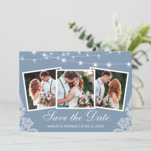 Dusty Blue String Lights Lace 3 Foto Save The Date (Stehend Vorderseite)