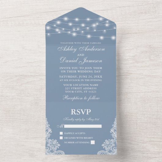 Dusty Blue String Lights Lace Wedding All In One Einladung (Innen Boden)