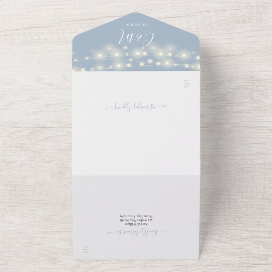 Dusty Blue String Lights Moderne Script Wedding All In One Einladung (Außenbereich)
