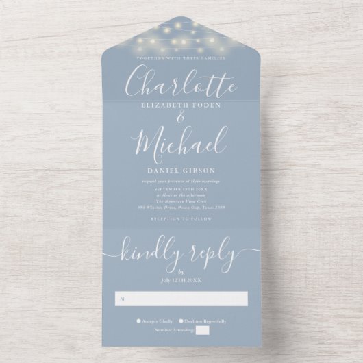 Dusty Blue String Lights Moderne Script Wedding All In One Einladung (Innen Boden)