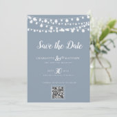 Dusty Blue String Lights Modernes Skript Rette das Save The Date (Stehend Vorderseite)