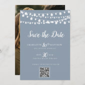 Dusty Blue String Lights Modernes Skript Rette das Save The Date (Vorne/Hinten)