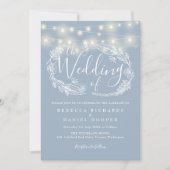 Dusty Blue String Lights Script Wedding Einladung (Vorderseite)