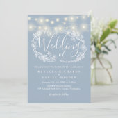 Dusty Blue String Lights Script Wedding Einladung (Stehend Vorderseite)