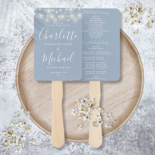 Dusty Blue String Lights Script Wedding Program Fächer