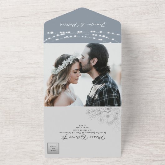 Dusty Blue String Lights Wedding All In One Einladung (Außenbereich)