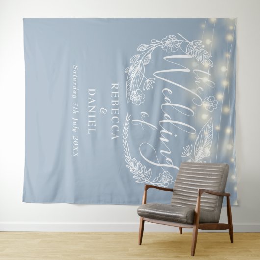 Dusty Blue String Lights Wedding Foto Background Wandteppich (Beispiel (Horizontal))