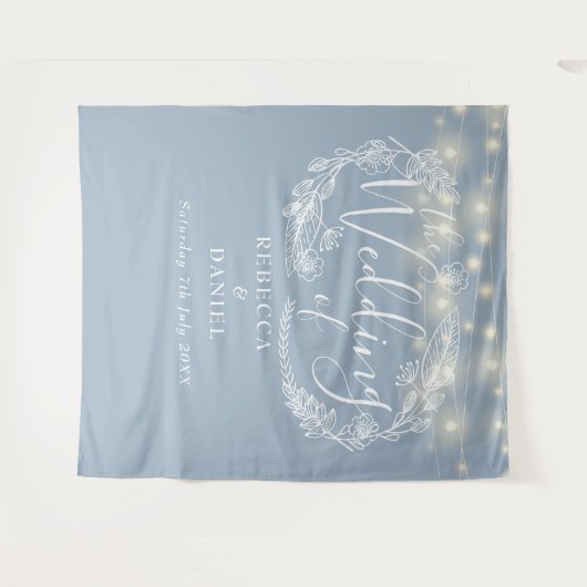 Dusty Blue String Lights Wedding Foto Background Wandteppich (Vorderseite (Horizontal))