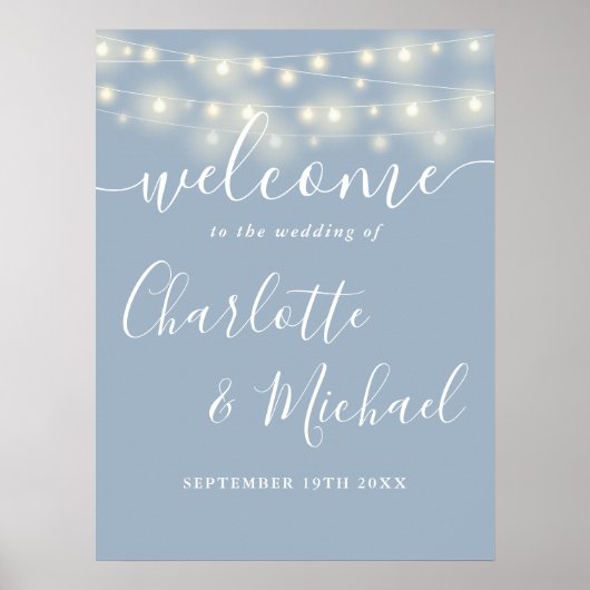 Dusty Blue String Lights Wedding Welcome Sign Poster (Vorne)