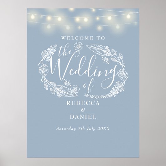 Dusty Blue String Lights Wedding Welcome Sign Poster (Vorne)