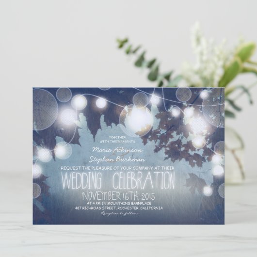 Dusty Blue String of Lights Wedding Night Einladung (Stehend Vorderseite)