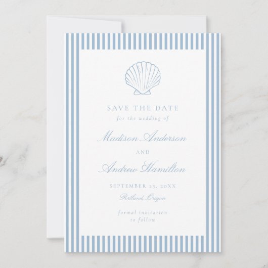 Dusty Blue Stripe Shell Wedding Save the Date (Vorderseite)