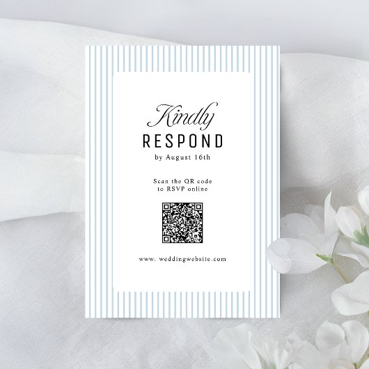 Dusty Blue Striped Elegance Classy QR Code Wedding RSVP Karte
