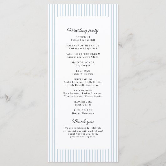 Dusty Blue Striped Elegance Classy Wedding Program Menükarte (Rückseite)