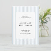 Dusty Blue Striped Elegance Classy Wedding Save The Date (Stehend Vorderseite)