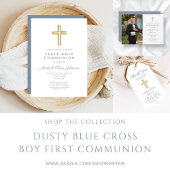 Dusty Blue Stripes Cross Boy Foto Erste Kommune Einladung