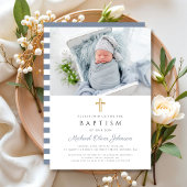 Dusty Blue Stripes Cross Foto Boy Taufe Einladung