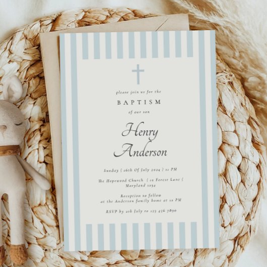 Dusty Blue Stripes Eleganter Taufe Junge Einladung