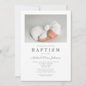 Dusty Blue Stripes Elegantes Foto Boy Taufe Einladung (Vorderseite)