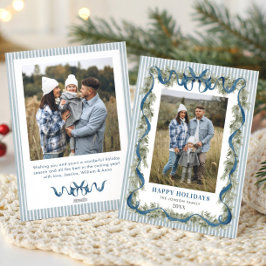 Dusty Blue Stripped Blue Bow Christmas 2 Photo Feiertagskarte