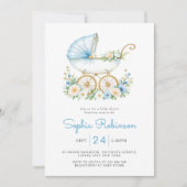 Dusty Blue Stroller Floral Baby Dusche Einladung (Vorderseite)