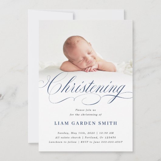 Dusty Blue Subtle Cross Script Christening Boy Einladung (Vorderseite)