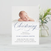 Dusty Blue Subtle Cross Script Christening Boy Einladung (Stehend Vorderseite)