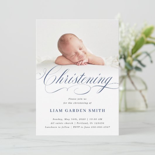 Dusty Blue Subtle Cross Script Christening Boy Einladung (Stehend Vorderseite)